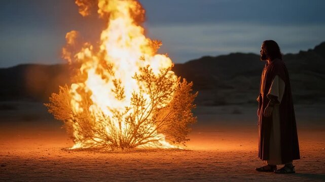 Burning Bush Revelation in the Desert at Dusk with Figure Present