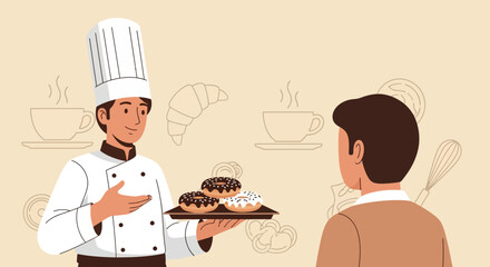 A cartoon illustration of a chef offering delicious donuts to a customer in a bakery
