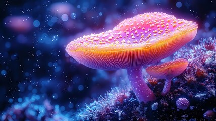 Vibrant underwater mushroom glowing in ethereal bluelight, showcasing natures eauty and color, perfect fr eco-friendly and fantasythemed projects.