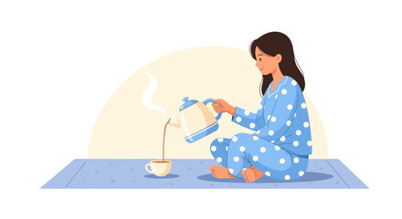 Obraz premium Young Woman Enjoying Morning Ritual Of Pouring Tea Creating Perfect Moment