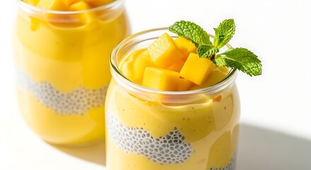Vibrant Mango Lassi with Chia Seeds in Glass Jars on a White Background