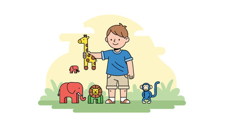 A cheerful cartoon of a boy and funny animal toys in a minimalistic landscape
