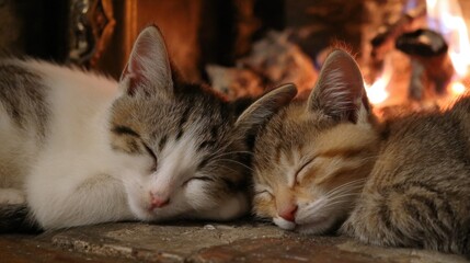 Soft fur and gentle breathing fill the room as two kittens nestle closely together in front of a crackling fireplace, enjoying a tranquil winter evening.