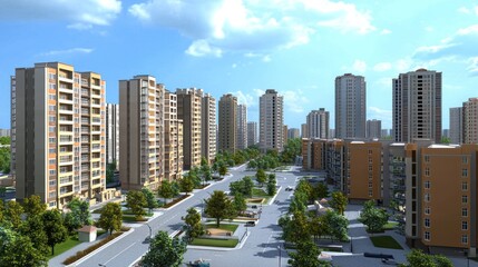 Modern city skyline with residential buildings, streets, and green spaces.