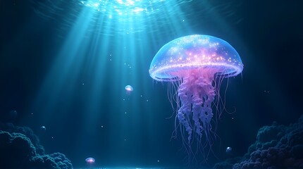 Fototapeta premium A magical underwater scene of a luminous jellyfish with a sparkling bell, swimming in the deep ocean and illuminated by sunlight.