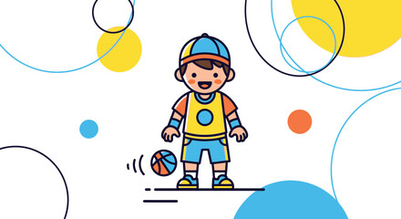 A Cheerful Child Is Playing Basketball With Colorful Background Design Perfectly Here