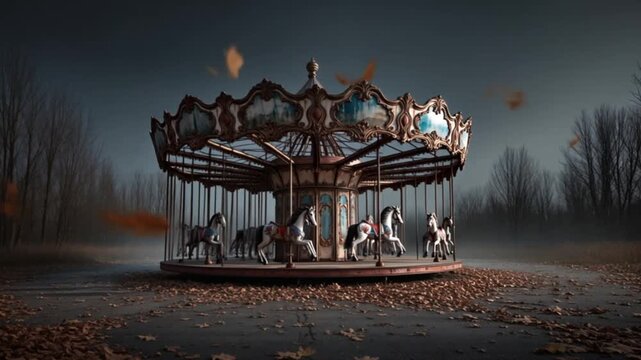 An abandoned carousel in a park, moonlight glinting off rusted metal, leaves swirling across the empty ground, eerie October mood.Photography