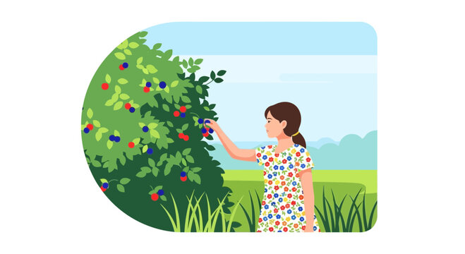 Young Woman Harvesting Berries in a Garden During a Sunny Afternoon Peaceful Scene