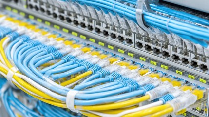 Close-up view of network cables neatly arranged in a data center. Bright blue and yellow cables connect to labeled ports, ensuring organized connections and easy access for maintenance.
