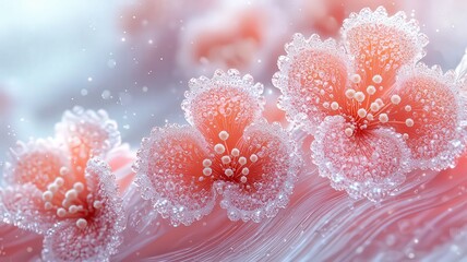 Delicate pink flowers adorned with sparkling droplet, set against a soft, flowng background, evoking a snse of tranquility and beaty for nature-themed desigs.