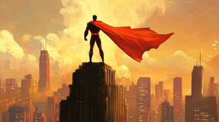 Superhero Silhouette at Sunset Over Cityscape