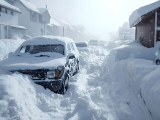 Heavy Snowfall in Residential Area with Cars Buried in White Layers