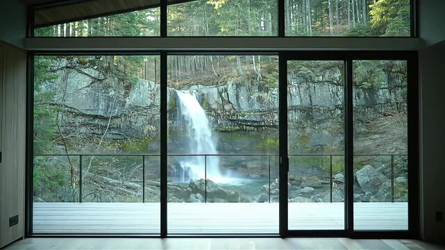 Stunning Waterfall View from a Modern House with Large Glass Walls.