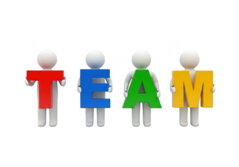 Four stylized figures representing the letters t e a m standing together isolated on transparent background