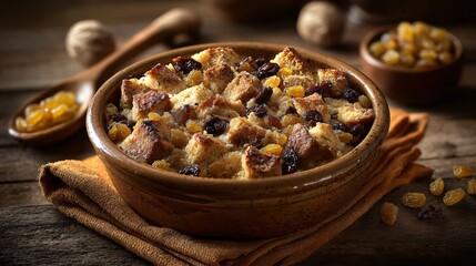 A rustic setting with walnut bread pudding in ceramic bowl, golden raisins and nutmeg nearby, dark orange linen