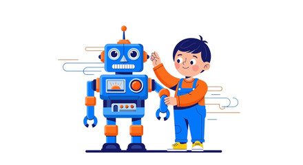 A child interacting with a friendly robot, illustrating future technology and robotics