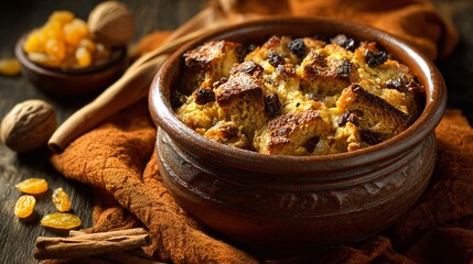 A rustic setting with walnut bread pudding in ceramic bowl, golden raisins and nutmeg nearby, dark orange linen