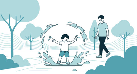 A Child Playing in Water outdoors with a Father watching, a sunny day in the park