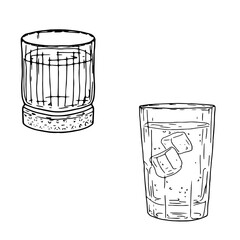 Glass of vodka or rum with ice cubes and lemon slices, black and white sketch. Vector illustration. Classic alcoholic drink, silhouette set, isolated on white background. Glass of whiskey or scotch,