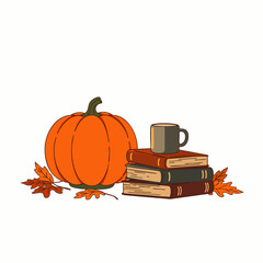 A charming autumnal illustration featuring a vibrant orange pumpkin, a cozy stack of books, a warm mug, and scattered fall leaves, perfect for seasonal designs.
