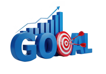 Blue 3d goal letters with a dartboard and rising graph isolated on transparent background