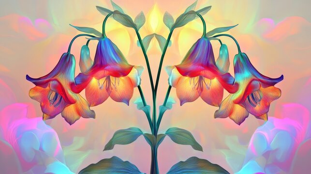 Vibrant Rainbow Iochroma Flowers in Artistic Digital Painting, Symbolizing Serenity and Nature's Beauty