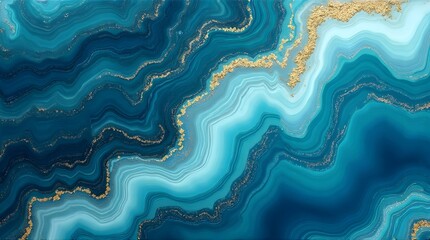 Fototapeta premium A luxurious abstract background imitating a blue and teal agate slice. Features a flowing, liquid marble texture with sparkling gold veins.
