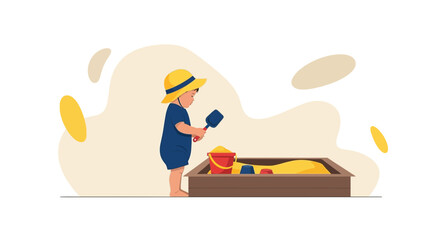 Fototapeta premium A Child's Joyful Exploration In A Sandbox With Beach Tools During Summer