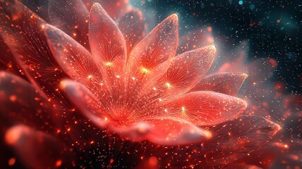 Vibrant red lotus flower illuminated with sparkling etails, set against a dreay, ethereal background, pefect for wellness and natue-themed projects.