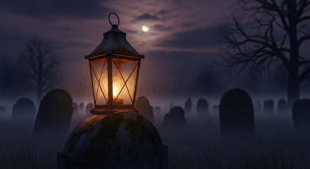 A spooky graveyard scene with a lantern glowing on a tombstone, shrouded in fog beneath the moonlight, creating an eerie Halloween night