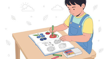 Youngster Colorful Illustration Coloring Berries And Fruits On Paper With Markers