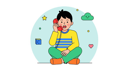 Fototapeta premium Youngster Conversing On Retro Phone, Illustrative Child's Colorful Communication Session