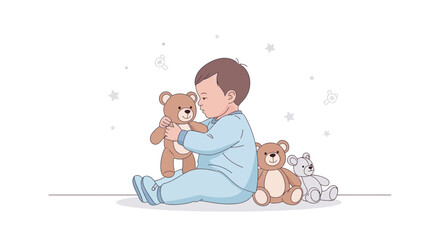 A Cute Baby Boy Playing with Teddy Bears, Sitting on the Floor, Vector Illustration