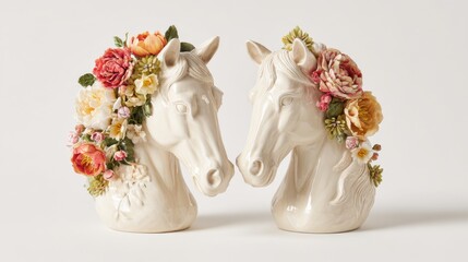 Two beautifully crafted horse head sculptures feature intricate flower arrangements. The delicate details and vivid colors enhance any room's elegance, perfect for collectors or decorators.