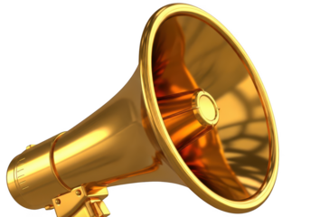 Shiny golden megaphone amplifying sound isolated on transparent background