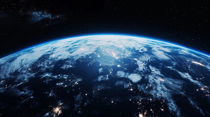 Obraz premium Aliens flying towards Earth in futuristic spacecrafts, dramatic sky, sci-fi atmosphere, cosmic scene.