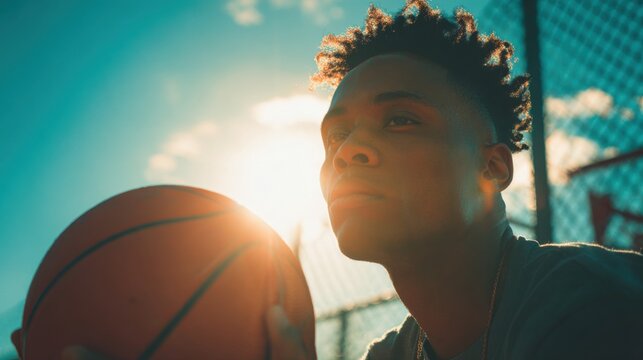 A young player focuses on a basketball while sitting outdoors in a park. The sun sets behind him, creating a warm glow and enhancing the moment of concentration and dedication. - Powered by Adobe