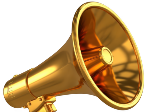 Shiny golden megaphone amplifying sound isolated on transparent background