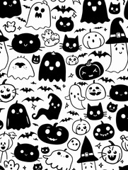 Black and white Halloween coloring page for kids featuring cute pumpkins, smiling ghosts, friendly bats, and a spooky but playful haunted house