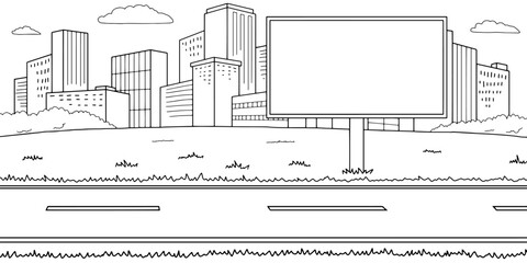 City road billboard graphic black white street landscape sketch illustration vector   © aluna1