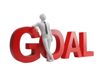 White businessman figure leaning on large red goal letters isolated on transparent background