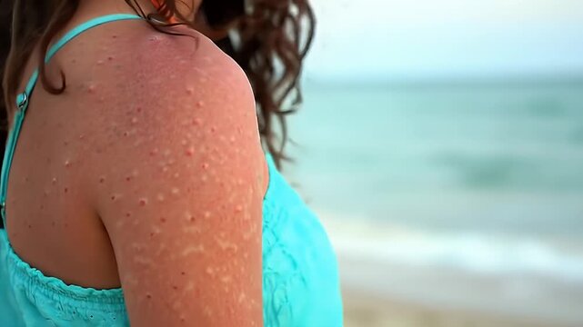 Woman's Skin Affected by Polymorphic Light Eruption Displaying Redness and Bumps Against a Serene Beach Backdrop of Turquoise Sea Perfect for Educating the Public About Skin Sensitivity
