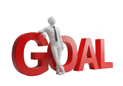 White businessman figure leaning on large red goal letters isolated on transparent background