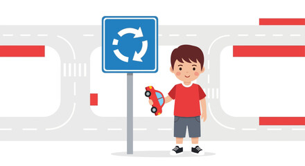 Youngster Holding Car Next To A Road Sign With Background Road Map