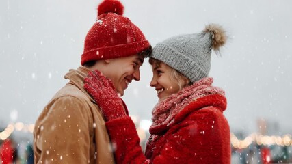 Romantic couple in snowy winter embracing with love warmth