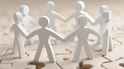 A group of white figures join hands on a light beige puzzle background, symbolizing unity and collaboration. This representation emphasizes teamwork and communal support in a shared endeavor.