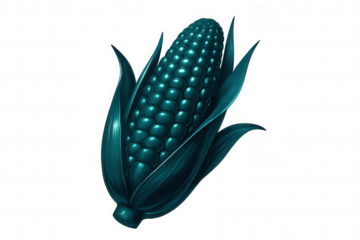 Glossy metallic teal corn cob displaying detailed husk against transparent backdrop, representing agricultural and culinary imagery