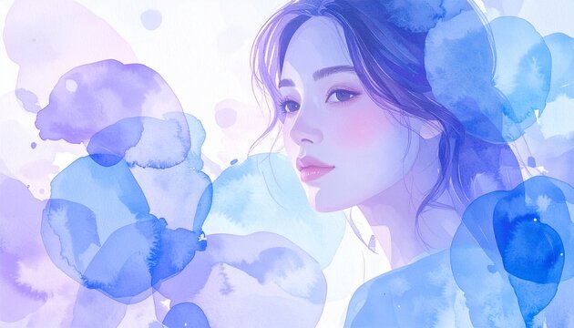 Serene Young Woman Watercolor Portrait Blue Purple Dreamy Artistic Beauty Illustration