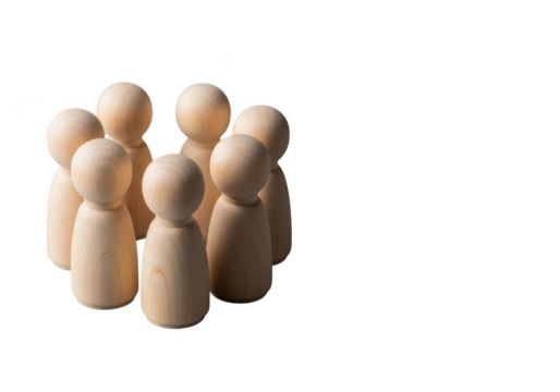 A small group of wooden peg people standing together in a huddle isolated on transparent background