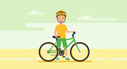 Fototapeta premium Youngster Smiling Beside His New Bicycle, Ready To Enjoy Bicycle Ride, Healthy Activity